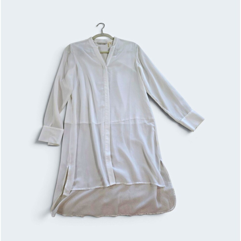 Soft Surroundings White Sheer Hi-Low Tunic Button Down Blouse Shirt Small